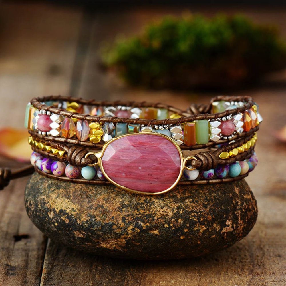 Boho Rhodochrosite Natural Stone Leather Bracelet - Picture 2 of 5